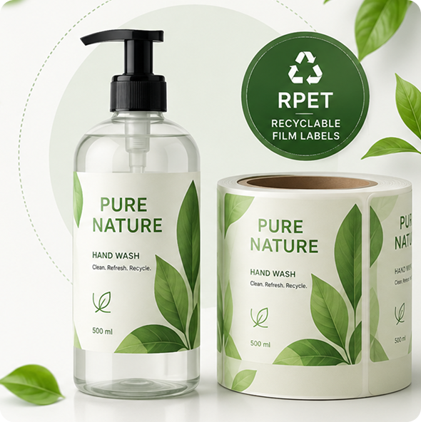 RPET recyclable film labels on hand wash packaging with RPET badge