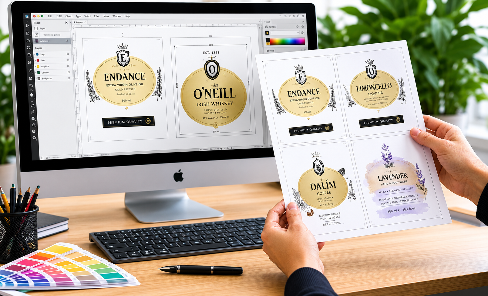 Designer reviewing label artwork on screen and print proof