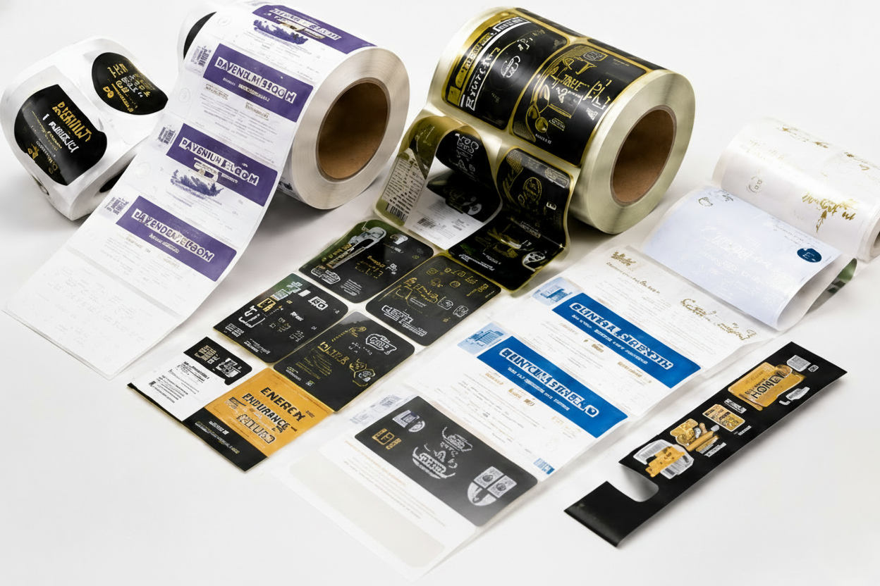 Rolls of premium printed labels in multiple colours
