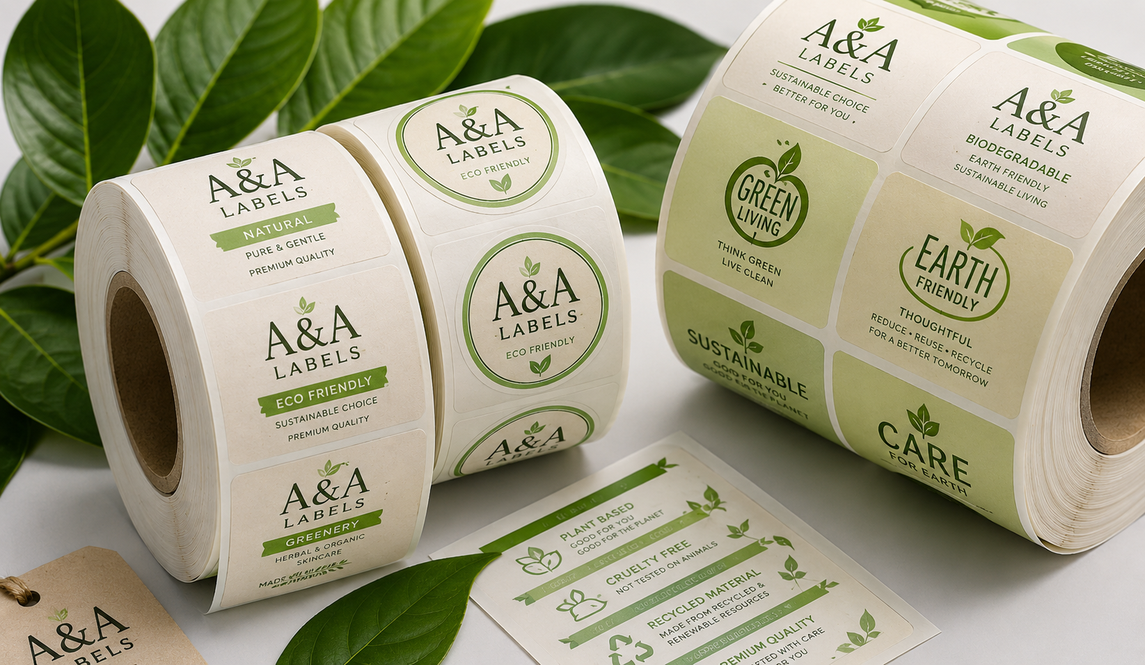 Eco-friendly label rolls with natural leaf accents